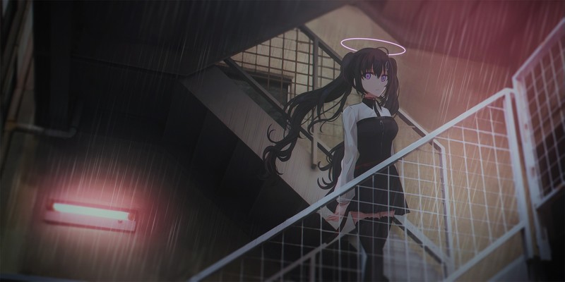 black hair, collar, rain, dress, thigh-highs, stairs, twintails, anime girls, anime, purple eyes, dark hair