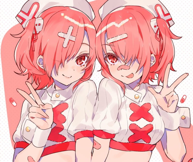Band-Aid, headdress, pink hair, red eyes, ponytail, short hair, twins