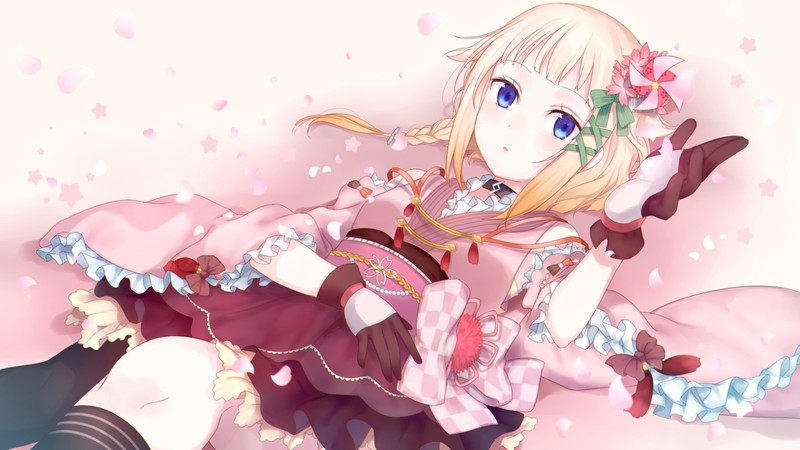 One (cevio), blonde, aqua eyes, gloves, Japanese clothes, short hair, petals, knee-highs, anime girls, anime, blue eyes