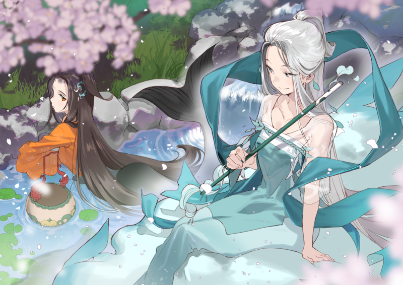 anime girls, anime, original characters, cherry blossom, bokeh, brunette, long hair, white hair, fantasy girl, mermaids, dress, river, fantasy art, artwork, digital art, drawing, illustration