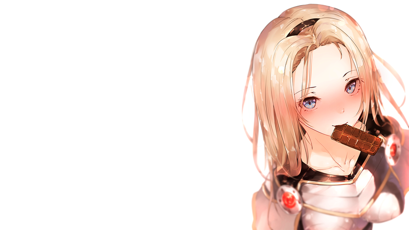 anime, anime girls, simple background, League of Legends, blonde, anime girls eating, long hair, chocolate, Lux (League of Legends)