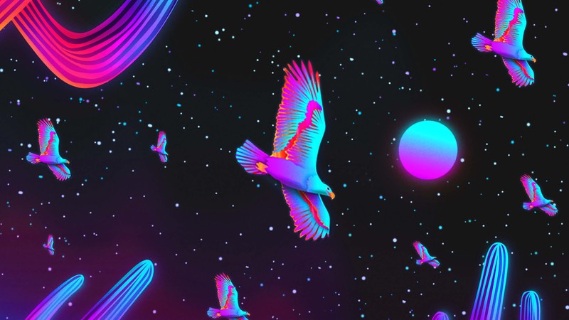 digital, digital art, artwork, illustration, drawing, digital painting, night, sky, skyscape, birds, animals, desert, cactus, Moon, moonlight, night sky, dark, neon, stars, starry night, starred sky, landscape, eagle, Fly, flying, 1980s, 80s, synthwave, Synthpop, vaporwave, Retrowave