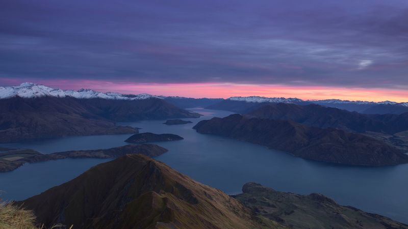 mountains, dawn, lake, aerial view, new zealand, 4k