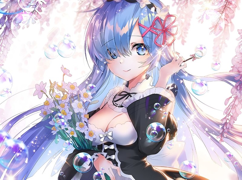 Re:Zero Kara Hajimeru Isekai Seikatsu, Rem (Re: Zero), aqua eyes, aqua hair, cleavage, flowers, long hair, bow, headband, dress, bubble, maid