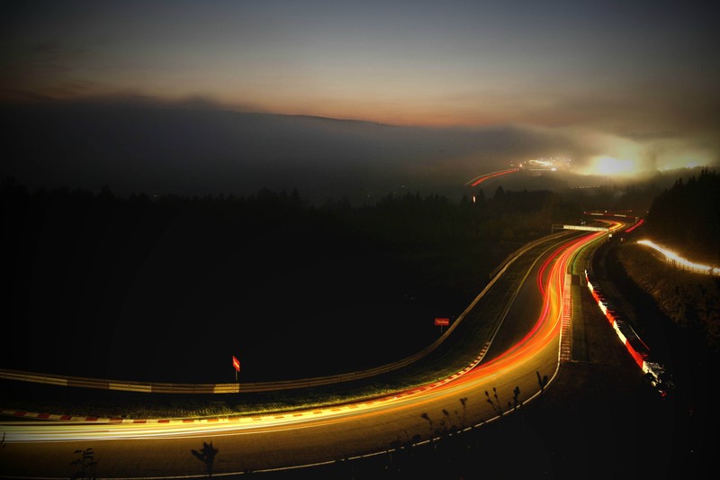 night, mountains, car, road, race tracks, headlight beams, long exposure, light trails