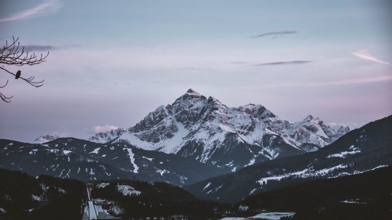 mountain, aerial view, peak, snowy, sky, horizon, 4k