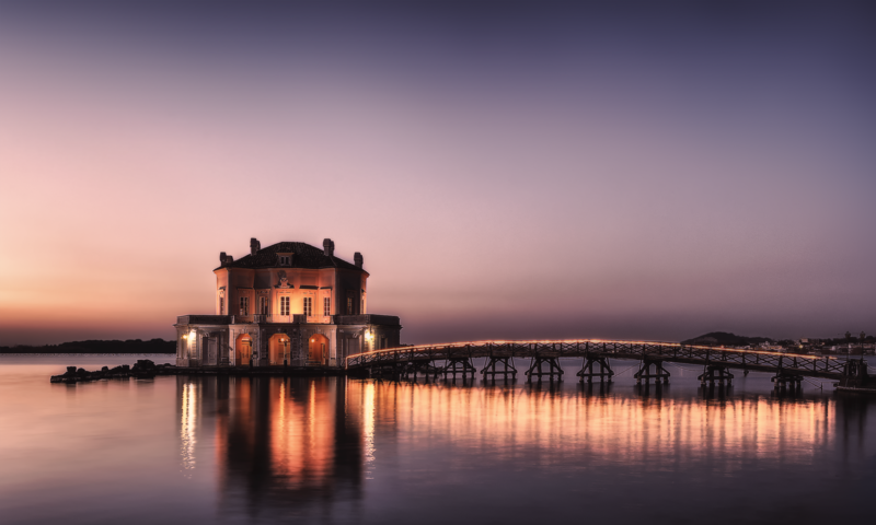 Naples, Campania, Italy, lights, bridge, Casina, lake Fusaro, lake, sunset