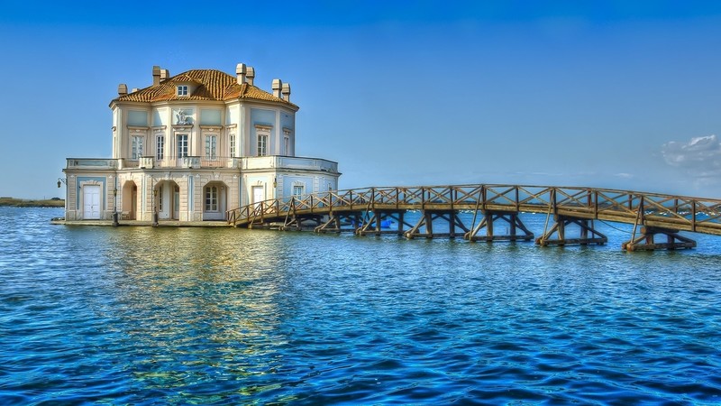 Naples, Campania, lake Fusaro, Casina, lake, bridge, house, sky, Italy