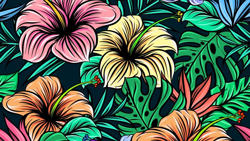 hibiscus, flowers, patterns, exotic, leaves, 4k