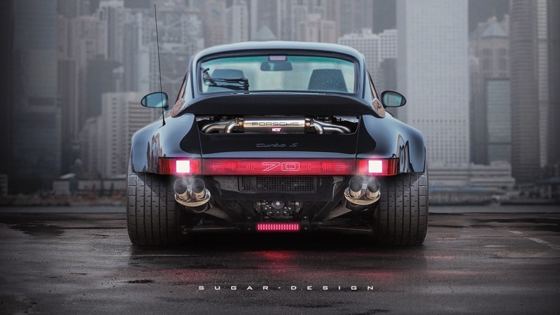 Porsche, German cars, sports car, car, vehicle, digital art, Porsche 911 Turbo S, city, skyscraper, rear view, tyres