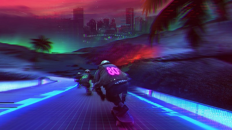 digital, digital art, artwork, illustration, vaporwave, synthwave, Synthpop, Retrowave, people, 1980s, 80s, neon, neon lights, lights, colorful, glowing, skate, skateboard, skateboarding, skating, landscape, trees, palm trees, glitch art, city, city lights, architecture, building, tower, skyscraper, futuristic, cyber, cyber city, cyberpunk, road, dark, environment, concept art