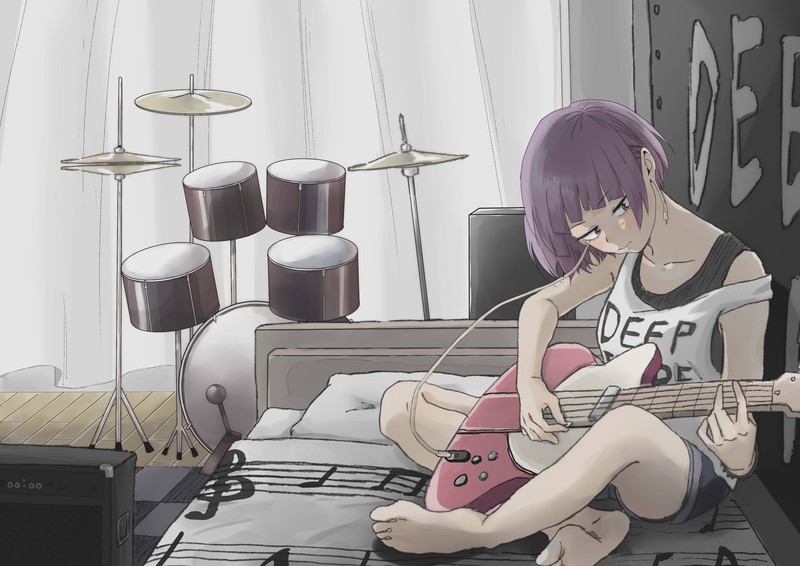Boku no Hero Academia, anime girls, short hair, guitar, drums, violet hair, smiling, blue eyes, Jirō Kyōka, fan art, digital art