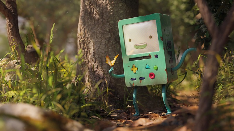 Adventure Time, forest, console, BMO, smiling, fan art, digital art, Blender, Rachel Frick, 3D
