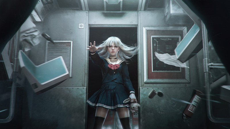 women, artwork, digital art, white hair, long hair, thigh-highs, choker, school uniform, train, destruction