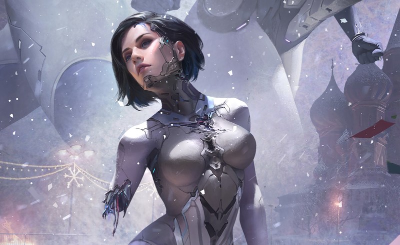 women, digital art, artwork, science fiction, blue eyes, robot, cyborg, black hair, short hair, futuristic, face