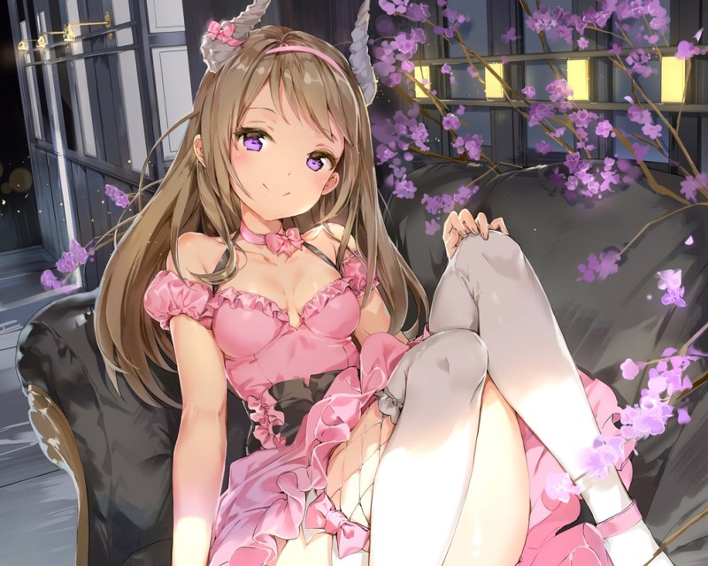Anmi, purple eyes, long hair, dress, thigh-highs, horns, cherry blossom, cleavage, flowers, headband