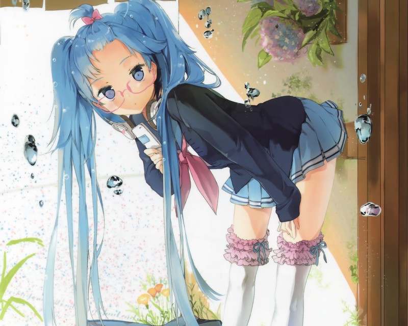 Vocaloid, Hatsune Miku, Anmi, skirt, twintails, glasses, water, aqua eyes, aqua hair, thigh-highs