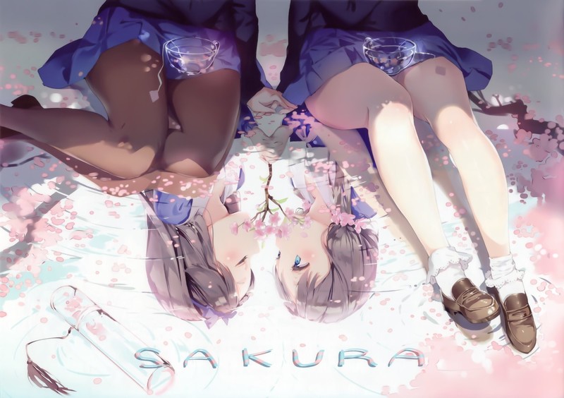 Anmi, anthropomorphism, cherry blossom, flowers, pantyhose, petals, school uniform, socks, water