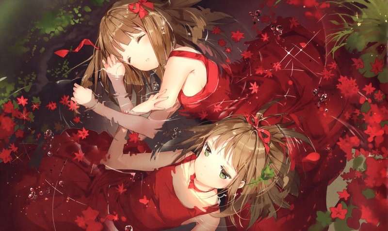 Anmi, bubbles, dress, flowers, green eyes, long hair, sleeping, twins, water