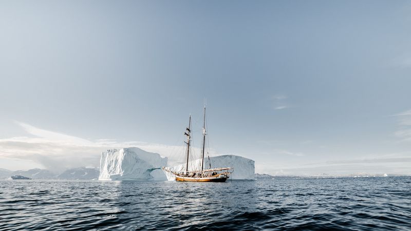 ship, ice, iceberg, sea, ripples, 4k