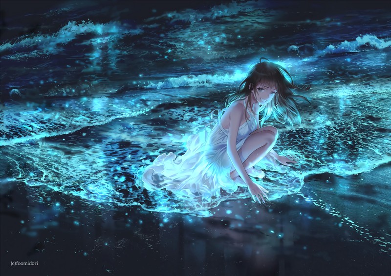 beach, night view, anime, cyan