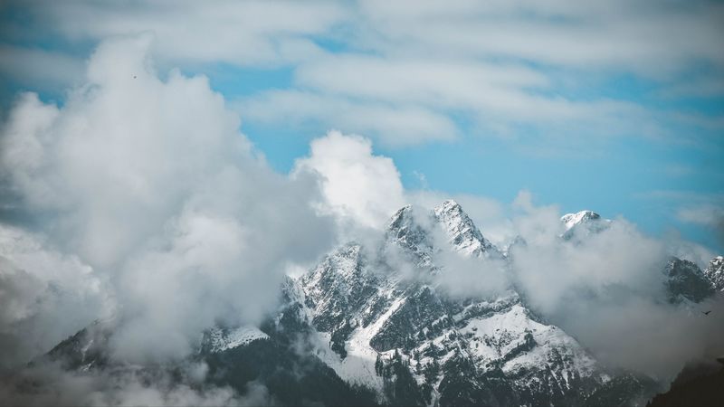 mountain, clouds, peak, fog, aerial view, 4k