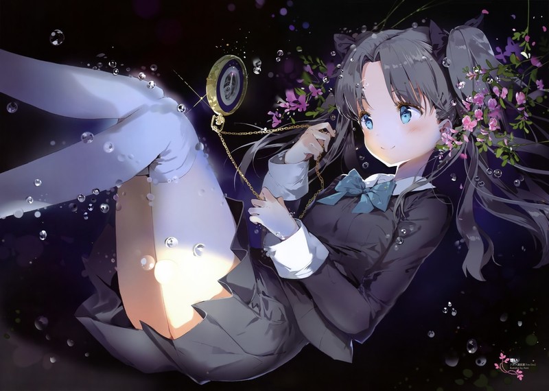 Fate/Stay Night, Tohsaka Rin, Anmi, black hair, blue eyes, flowers, twintails, thigh-highs, school uniform, water, bubbles
