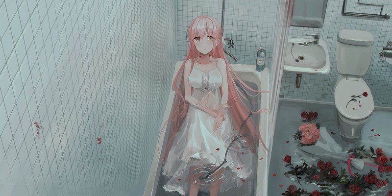 anime girls, anime, original characters, pink hair, long hair, in water, bathtub, dress, white dress, bathroom, flowers, rose, artwork, digital art, drawing, Chihuri 45