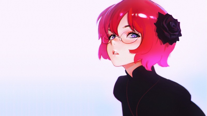 digital art, drawing, Ilya Kuvshinov, illustration, looking at viewer, simple background, short hair, pink hair, women with glasses, blush, face