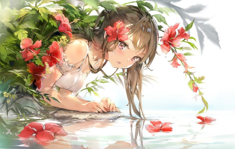 Anmi, water, flowers, long hair, pink eyes, ponytail