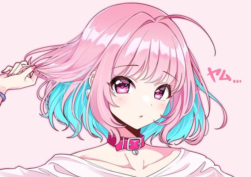 idolmaster cinderella girls starlight stage, pink eyes, pink hair, collar, short hair, Riamu Yumemi, choker, hiragana