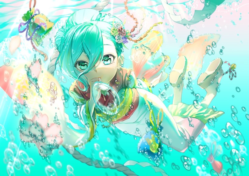 Hatsune Miku, anime, green eyes, green hair, Japanese clothes, kimono, underwater, water