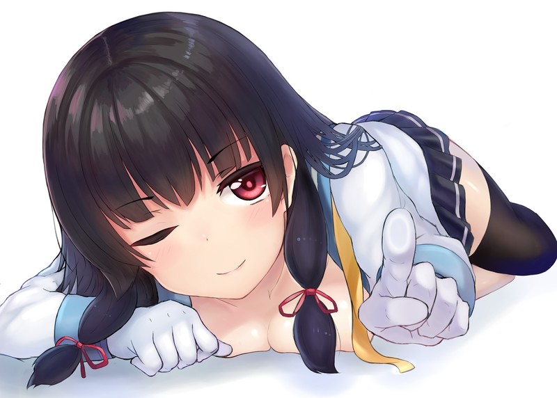 Kantai Collection, Isokaze (KanColle), black hair, blush, skirt, school uniform, red eyes, gloves