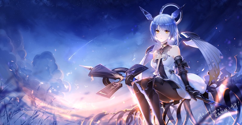 anime, sunrise, wings, stars, grass, staff