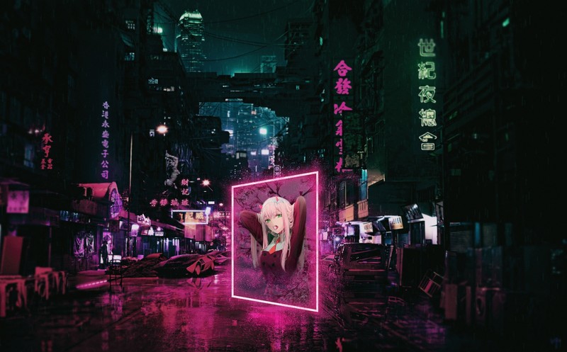 anime, neon, cityscape, Zero Two (Darling in the FranXX), rain, anime girls, Code:002, Darling in the FranXX