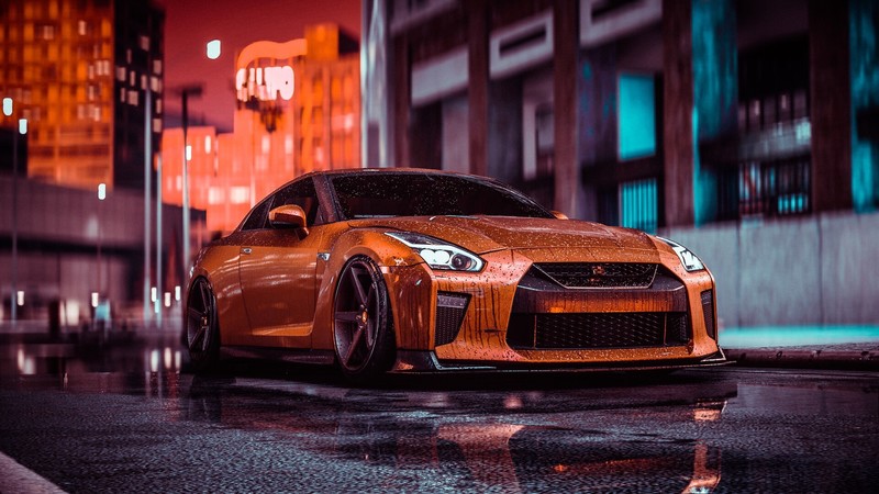 artwork, car, vehicle, digital art, orange cars, Nissan, Nissan GT-R