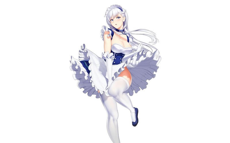 Azur Lane, Belfast (Azur Lane), aqua eyes, braids, choker, cleavage, elbow gloves, gloves, long hair, maid, skirt lifting, thigh-highs, white, white hair