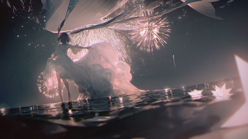 Vocaloid, Hatsune Miku, water, fireworks, wind, night
