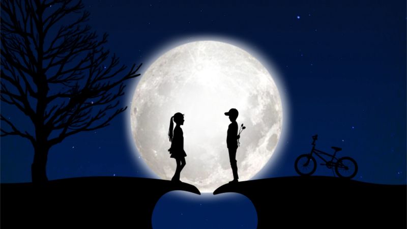 children, silhouettes, love, moon, romance, 4k