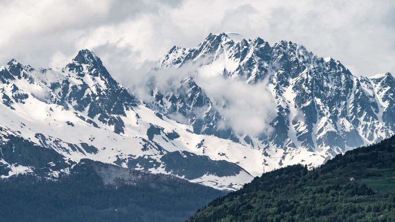 mountains, valley, peaks, snowy, trees, sky, 4k