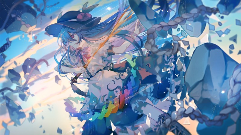 anime, anime girls, long hair, blue hair, sky, clouds, Touhou, long skirt, Hinanawi Tenshi, hat