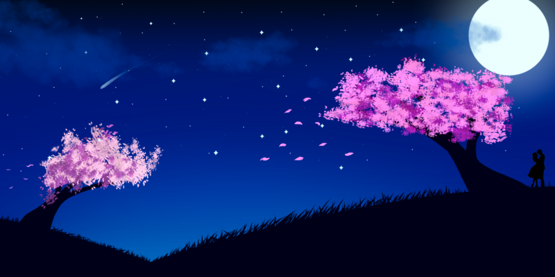 cherry blossom, Sakura blossom, pink, couple, kissing, grass, landscape, Moon, sky, night, night sky, clouds, blue, wind, stars, shooting stars, artwork