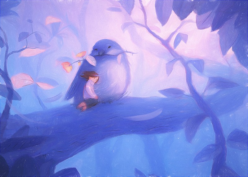 Sylar, painting, artwork, birds, women, branch, forest, leaves