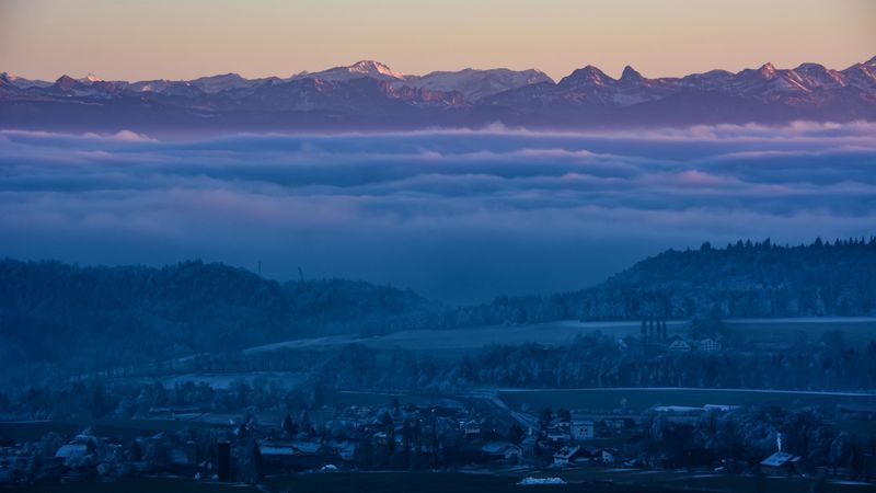 fog, mountains, twilight, winter, sky, switzerland, 4k