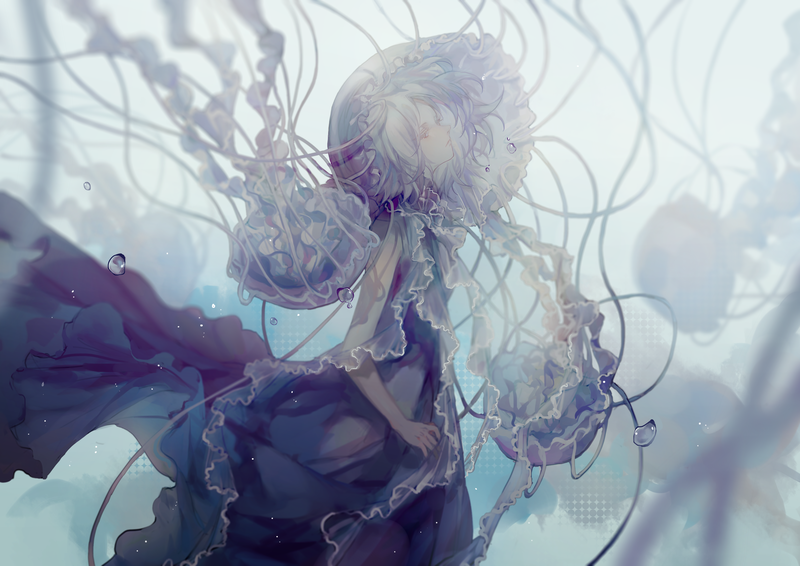 anime, anime girls, original characters, white hair, underwater, jellyfish