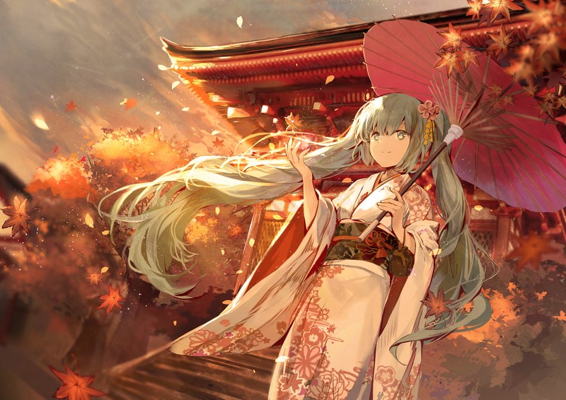 anime, anime girls, Vocaloid, Hatsune Miku, long hair, twintails, kimono, fall, leaves