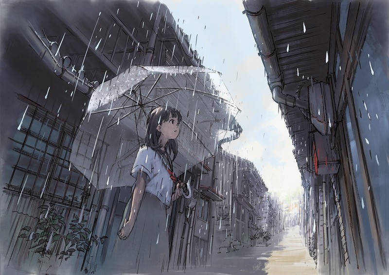 anime, anime girls, original characters, school uniform, umbrella, rain, dark hair