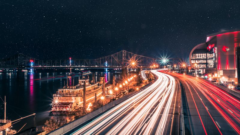 night city, road, city lights, long exposure, 4k