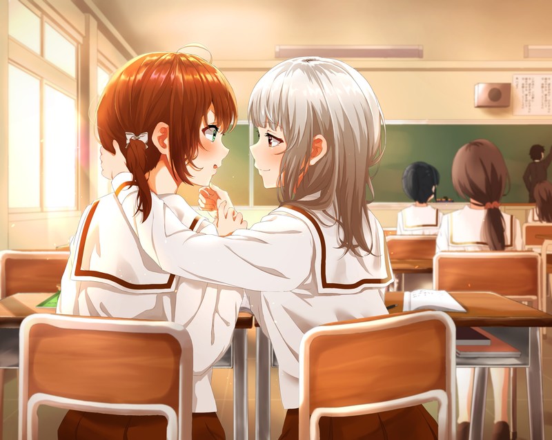 anime girls, school, schoolgirl, school uniform, yuri, warm, love