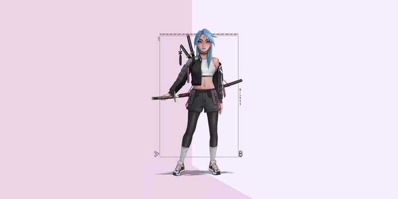 simple background, sword, katana, women, artwork, fantasy girl
